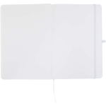Conjunto de caderno A5 de capa rígida e caneta de tinta azul cor branco terceira vista frontal