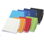 Conjunto de caderno A5 de capa rígida e caneta de tinta azul cor cor-de-laranja segunda vista várias cores