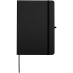 Caderno A5 com capa rígida em pele sintética e folhas pautadas cor preto segunda vista frontal