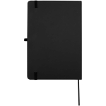 Caderno A5 com capa rígida em pele sintética e folhas pautadas cor preto segunda vista traseira