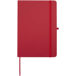 Caderno A5 com capa rígida em pele sintética e folhas pautadas cor vermelho segunda vista frontal