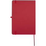 Caderno A5 com capa rígida em pele sintética e folhas pautadas cor vermelho segunda vista traseira