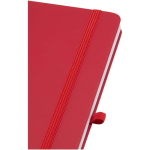 Caderno A5 com capa rígida em pele sintética e folhas pautadas cor vermelho vista detalhe 1