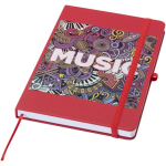 Caderno A5 com capa rígida em pele sintética e folhas pautadas cor vermelho