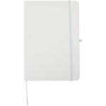 Caderno A5 com capa rígida em pele sintética e folhas pautadas cor branco segunda vista frontal