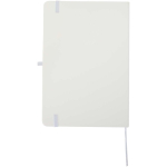 Caderno A5 com capa rígida em pele sintética e folhas pautadas cor branco segunda vista traseira