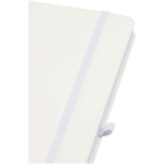 Caderno A5 com capa rígida em pele sintética e folhas pautadas cor branco vista detalhe 1