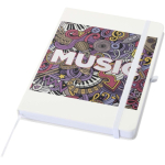 Caderno A5 com capa rígida em pele sintética e folhas pautadas cor branco