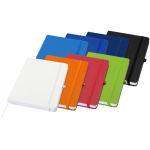 Caderno A5 com capa rígida em pele sintética e folhas pautadas cor branco segunda vista várias cores