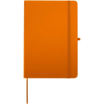 Caderno A5 com capa rígida em pele sintética e folhas pautadas cor cor-de-laranja segunda vista frontal