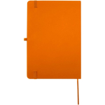 Caderno A5 com capa rígida em pele sintética e folhas pautadas cor cor-de-laranja segunda vista traseira