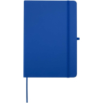 Caderno A5 com capa rígida em pele sintética e folhas pautadas cor azul real segunda vista frontal