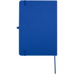 Caderno A5 com capa rígida em pele sintética e folhas pautadas cor azul real segunda vista traseira