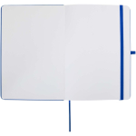 Caderno A5 com capa rígida em pele sintética e folhas pautadas cor azul real terceira vista frontal