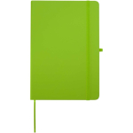 Caderno A5 com capa rígida em pele sintética e folhas pautadas cor verde-lima segunda vista frontal