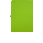 Caderno A5 com capa rígida em pele sintética e folhas pautadas cor verde-lima segunda vista traseira