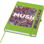Caderno A5 com capa rígida em pele sintética e folhas pautadas cor verde-lima