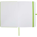 Caderno A5 com capa rígida em pele sintética e folhas pautadas cor verde-lima terceira vista frontal