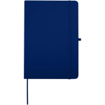 Caderno A5 com capa rígida em pele sintética e folhas pautadas cor azul-marinho segunda vista frontal