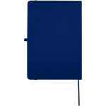 Caderno A5 com capa rígida em pele sintética e folhas pautadas cor azul-marinho segunda vista traseira