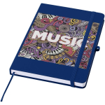 Caderno A5 com capa rígida em pele sintética e folhas pautadas cor azul-marinho