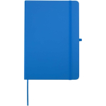 Caderno A5 com capa rígida em pele sintética e folhas pautadas cor azul-claro segunda vista frontal