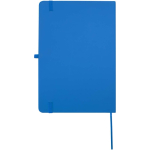 Caderno A5 com capa rígida em pele sintética e folhas pautadas cor azul-claro segunda vista traseira
