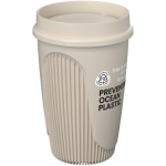 Copo de parede única com tampa 360° e rebordo isolante 350ml cor areia vista com logo