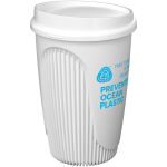 Copo reutilizável com tampa de encaixe e aro isolante 350ml cor branco vista com logo