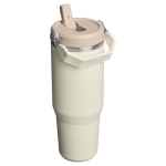 Copo térmico Stanley 890ml com palhinha rebatível à prova de fugas cor bege segunda vista traseira