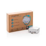 Adaptador carregamento inteligente USB-C proteção contra sobrecarga 140W cor prateado vista com caixa