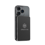 Power bank magnético ecológico com carregamento sem fios 15W 5000 mAh cor preto vista com logo
