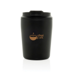 Caneca térmica de plástico para café com tampa anti-gotas 220 ml cor preto vista com logo