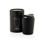 Caneca térmica de plástico para café com tampa anti-gotas 220 ml cor preto vista com caixa