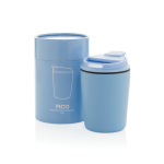 Caneca térmica de plástico para café com tampa anti-gotas 220 ml cor azul-claro vista com caixa