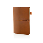 Caderno A5 recarregável em PU com bolsos e fecho elástico pautado cor castanho