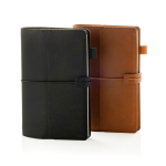 Caderno A5 recarregável em PU com bolsos e fecho elástico pautado cor castanho vista geral