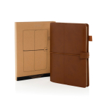 Caderno A5 recarregável em PU com bolsos e fecho elástico pautado cor castanho vista com caixa
