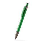 Esferográfica de alumínio com ponteiro tátil e tinta azul cor verde primeira vista de uso