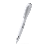 Caneta de plástico com lanterna LED, mecanismo de pressão e tinta azul cor branco primeira vista de uso