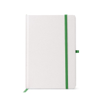 Bloco de notas A5 em cartão com suporte para caneta e folhas pautadas cor verde segunda vista
