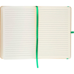 Caderno A5 com capa rígida em kraft, elástico e folhas pautadas cor verde primeira vista