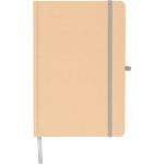 Caderno A5 com capa rígida em kraft, elástico e folhas pautadas cor prateado quarta vista