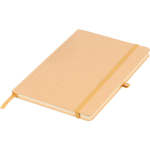 Caderno A5 com capa rígida em kraft, elástico e folhas pautadas cor dourado primeira vista