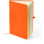 Caderno A5 capa em PU reciclado, marcador de página e folhas pautadas cor cor-de-laranja quarta vista