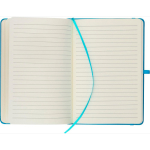 Caderno A5 capa em PU reciclado, marcador de página e folhas pautadas cor azul-claro primeira vista