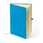 Caderno A5 capa em PU reciclado, marcador de página e folhas pautadas cor azul-claro quarta vista