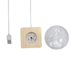 Decoração de Natal em bola de vidro com base de madeira e luz quente