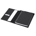 Caderno A5 em pele sintética com caneta de tinta azul e folhas lisas