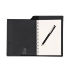 Caderno A5 em pele sintética com caneta de tinta azul e folhas lisas